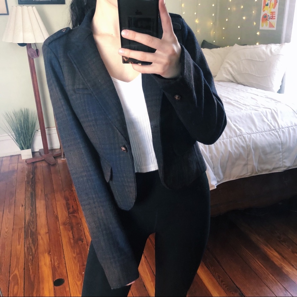 AE Outfitters Cropped Plaid Blazer Navy and Brown